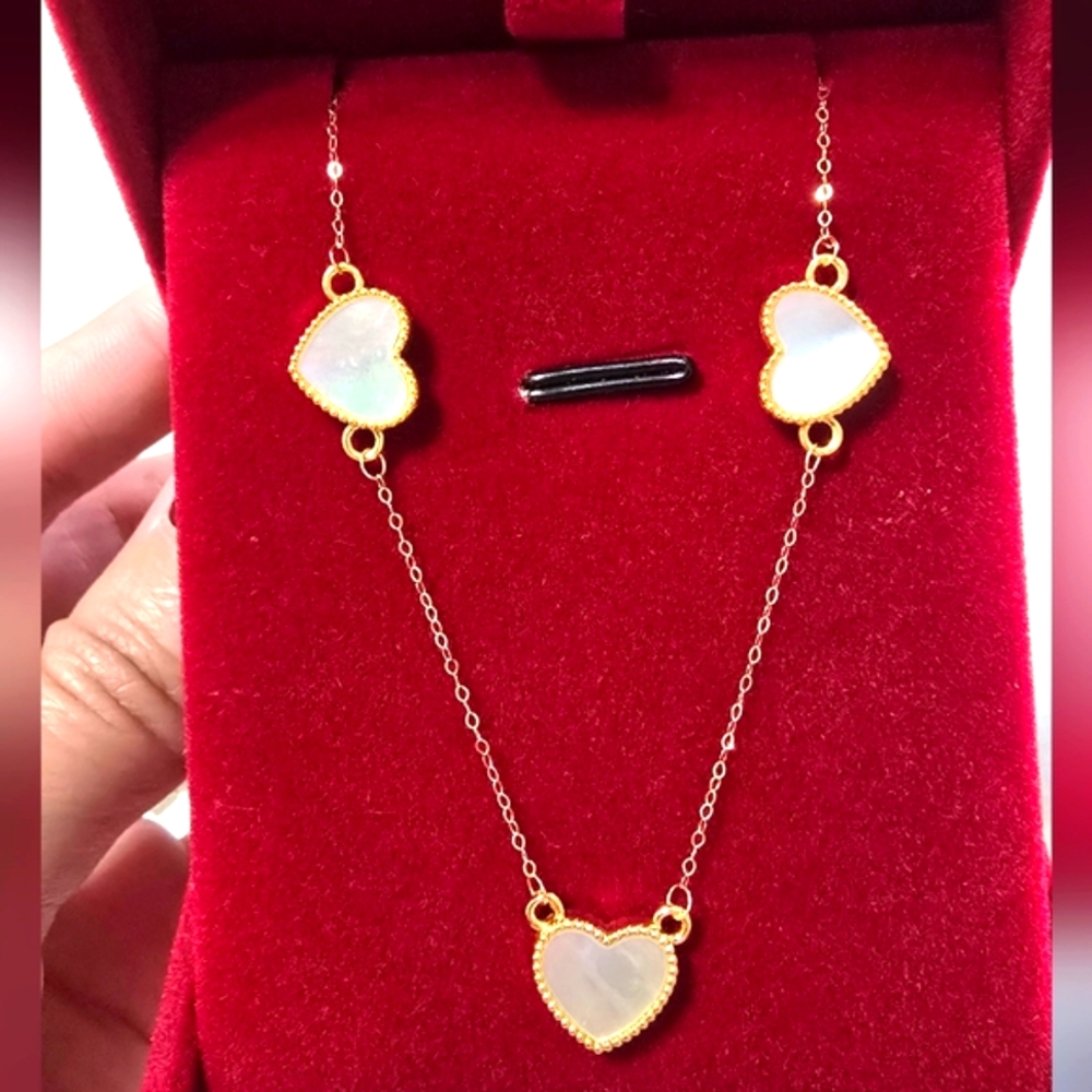 18k Real Gold Heart Necklace with White Accents